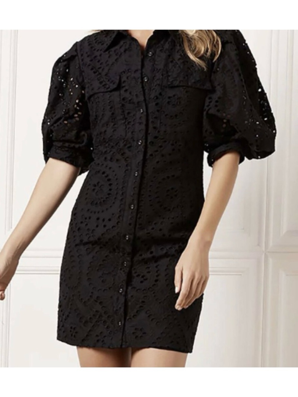 BARDOT Brody Black Sz 6  Eyelet Lace Mini Dress Buttons Puffed Sleeves EUC S